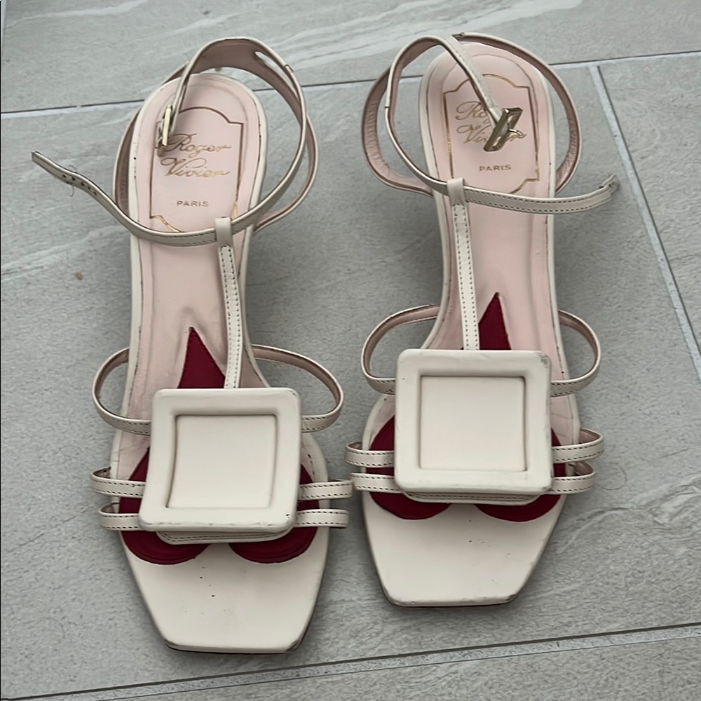 Roger Vivier Cream Strappy Heels with Square Accent